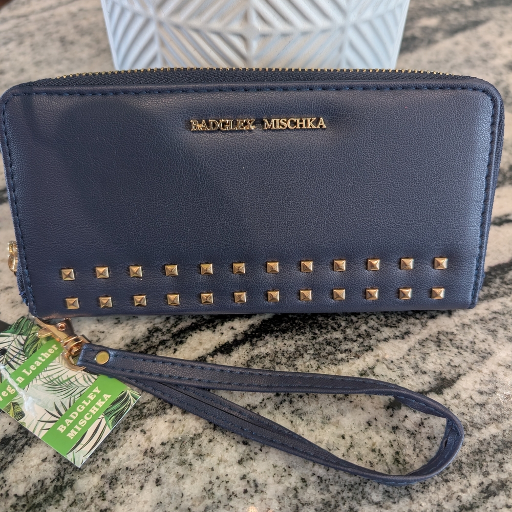 Badgley Mischka Navy Blue Wristlet Clutch with Gold Studs